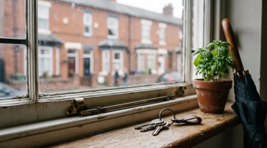 A set of house keys resting on a windowsill of a British terraced home, symbolizing the daily convenience of a well-chosen rental property.