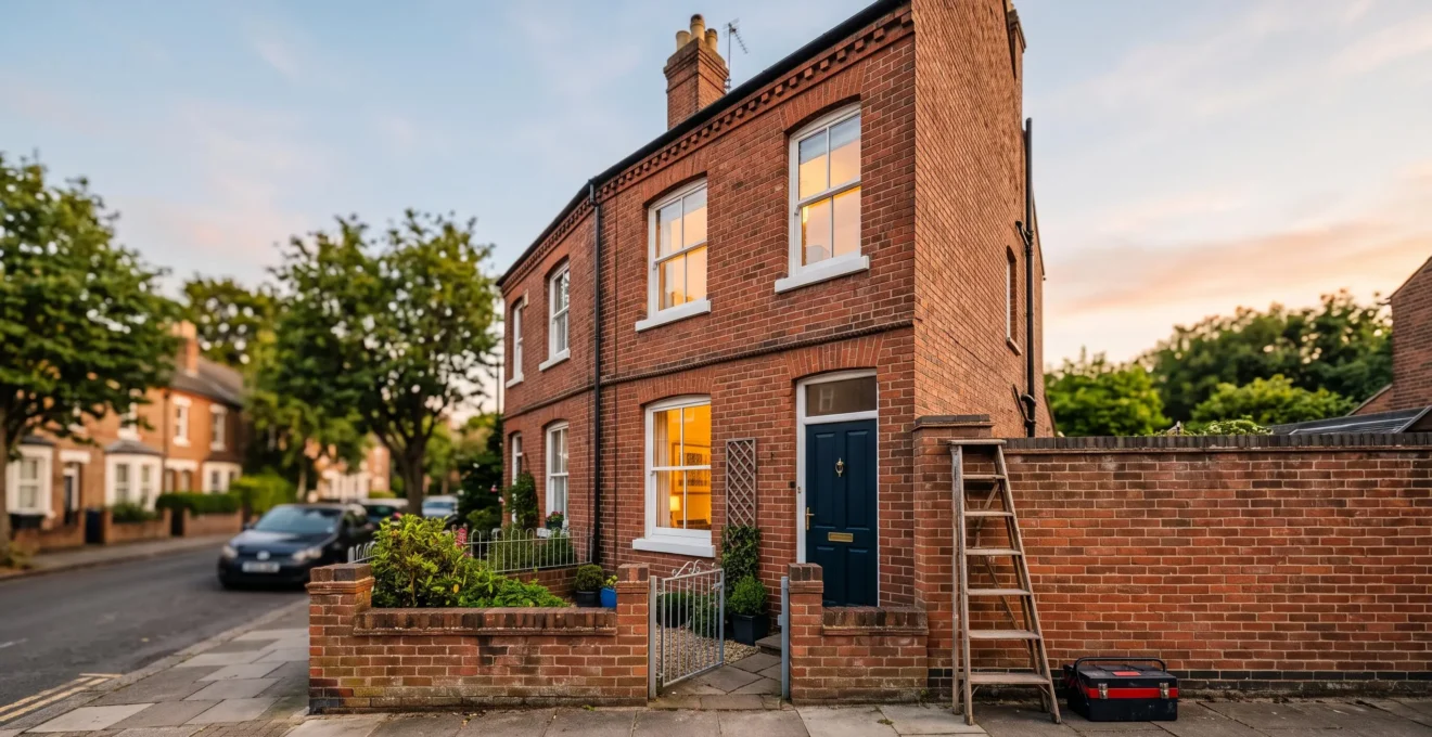 Landlord calmly reviewing a maintenance plan beside a well-kept rental terraced house at dusk, symbolizing proactive repair budgeting