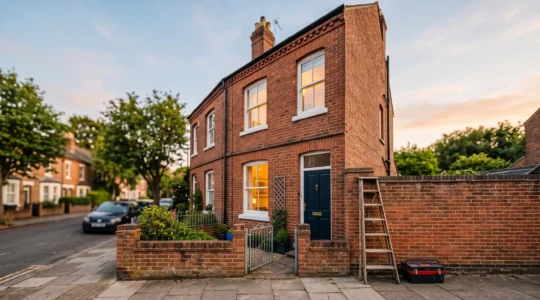 Landlord calmly reviewing a maintenance plan beside a well-kept rental terraced house at dusk, symbolizing proactive repair budgeting