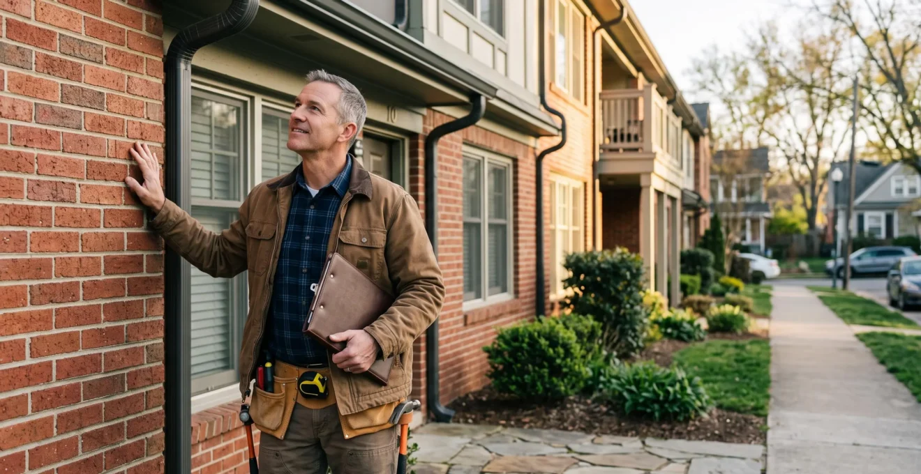A landlord conducting a hands-on exterior inspection of a well-maintained rental property at dusk