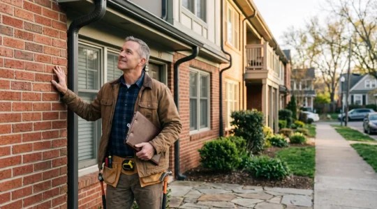 A landlord conducting a hands-on exterior inspection of a well-maintained rental property at dusk