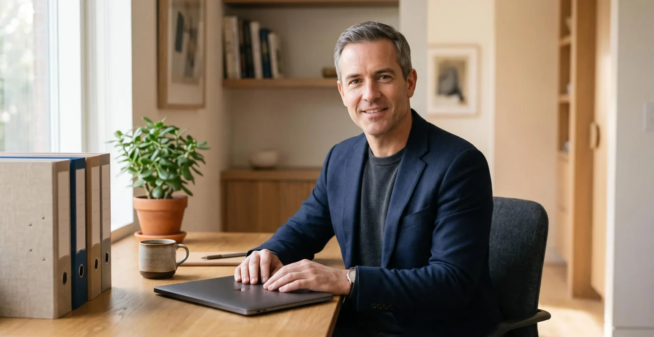 Landlord confidently reviewing well-organized financial records in a bright home office