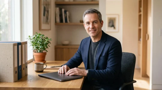 Landlord confidently reviewing well-organized financial records in a bright home office
