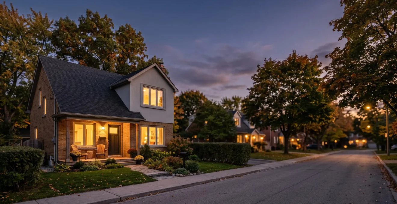 A quiet residential street at golden hour showing a well-lit home nestled among mature trees, symbolizing long-term living comfort