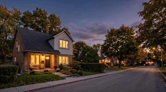 A quiet residential street at golden hour showing a well-lit home nestled among mature trees, symbolizing long-term living comfort