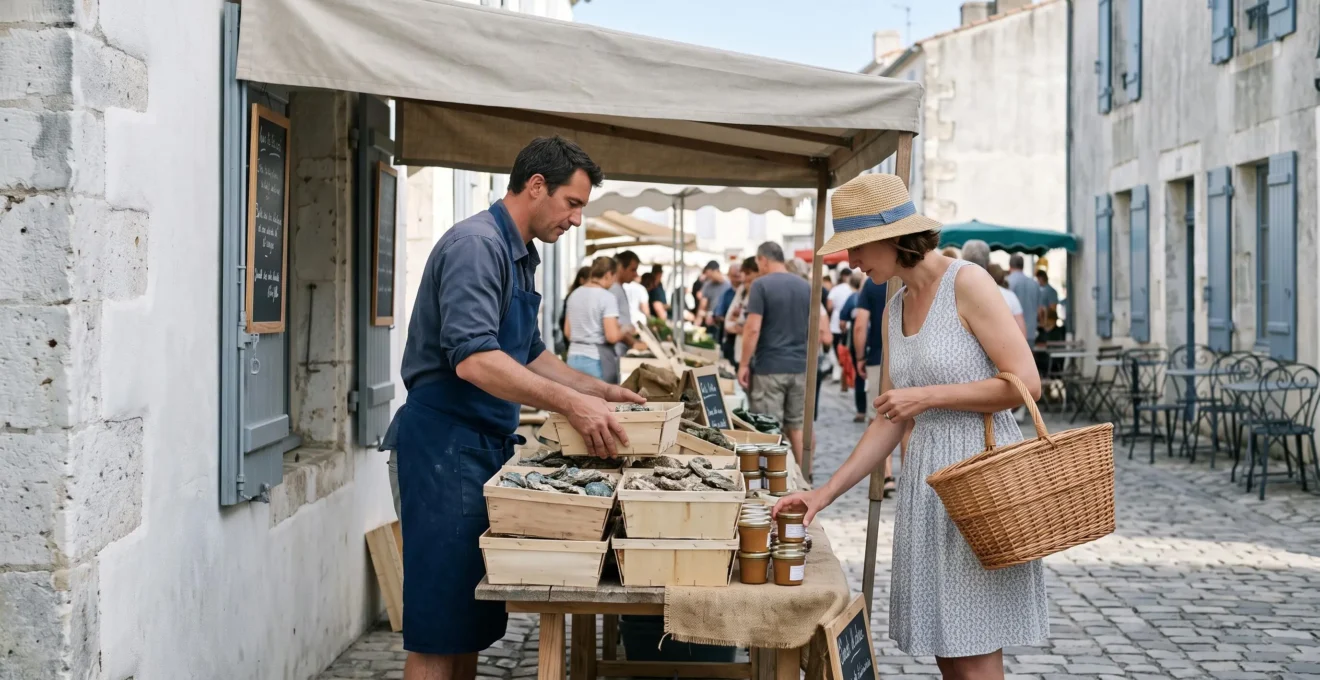 A shopper examines oysters at a wooden market stall on a whitewashed street of the Île de Ré.