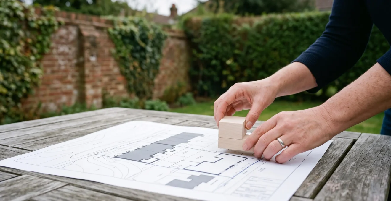 Architect reviewing a scale model of a house extension within its garden plot at golden hour, illustrating maximum buildable volume within a planning envelope