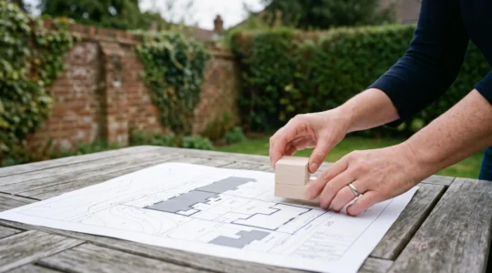 Architect reviewing a scale model of a house extension within its garden plot at golden hour, illustrating maximum buildable volume within a planning envelope
