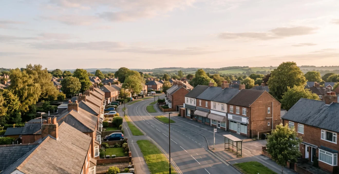 Aerial view of a British residential neighbourhood showing the walkable distance between houses and local amenities
