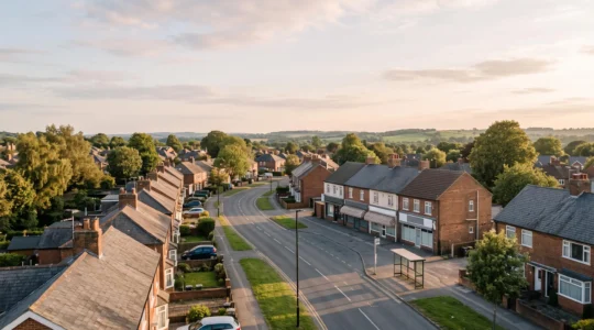 Aerial view of a British residential neighbourhood showing the walkable distance between houses and local amenities