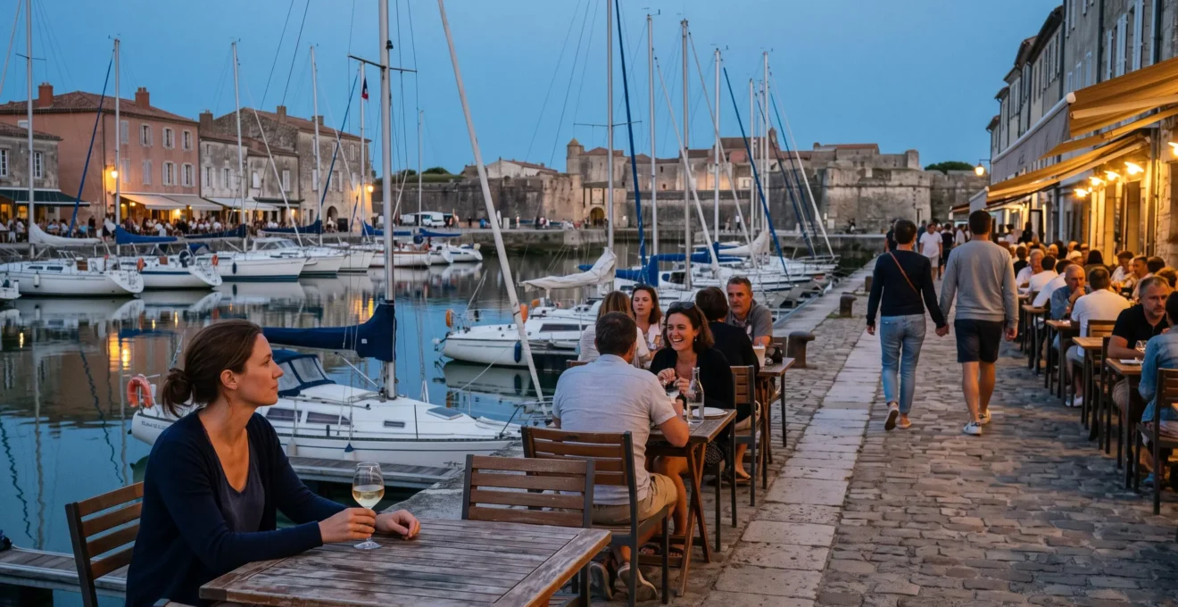 People sit at café terraces beside the moored boats of Saint-Martin-de-Ré harbour in the evening.