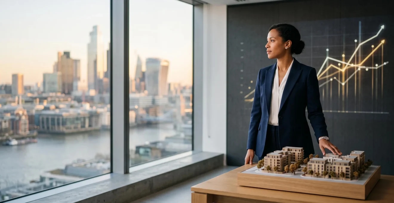 A financial analyst reviewing property investment performance metrics in a modern office setting