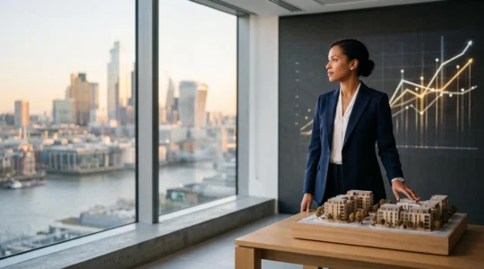 A financial analyst reviewing property investment performance metrics in a modern office setting
