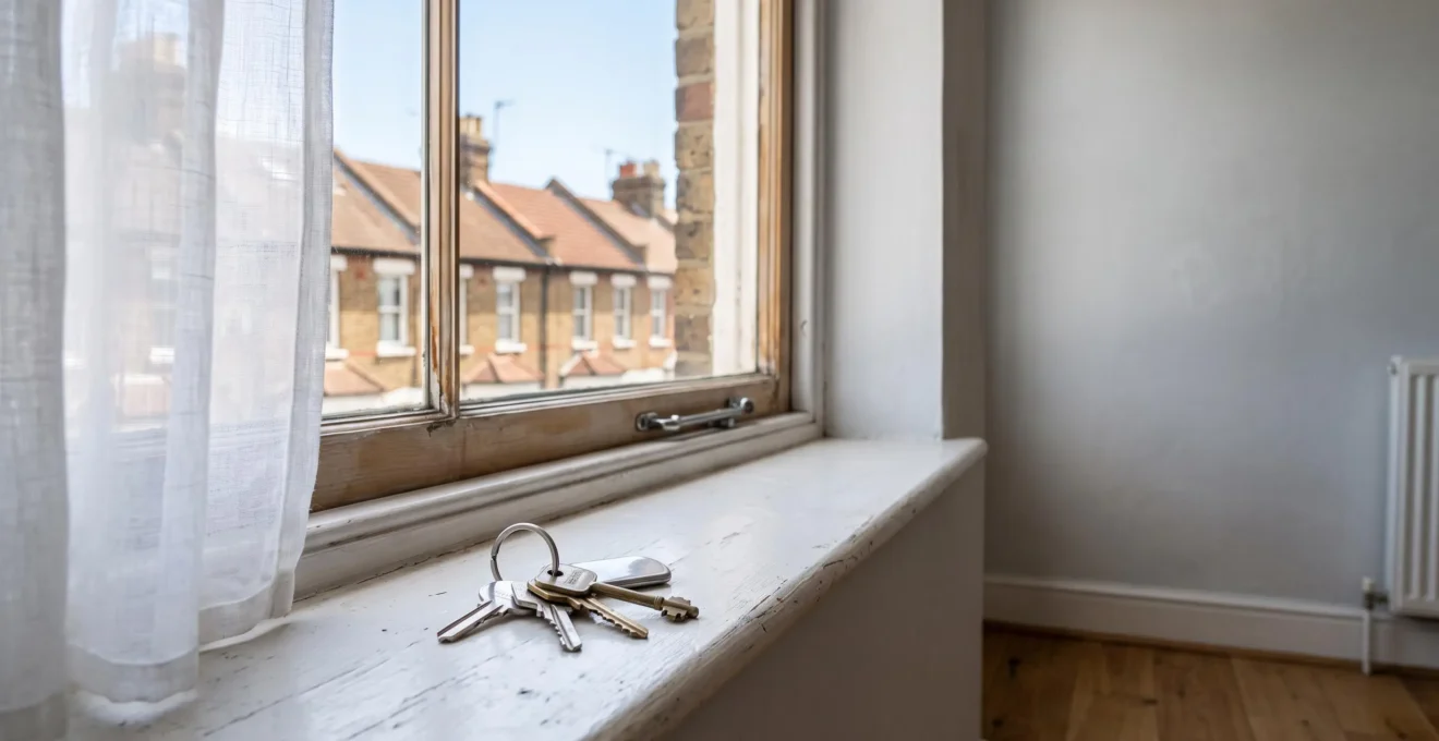 A tenant holding a set of house keys in a bright, freshly cleaned rental apartment, symbolizing a successful full deposit return