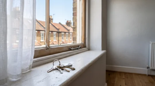 A tenant holding a set of house keys in a bright, freshly cleaned rental apartment, symbolizing a successful full deposit return