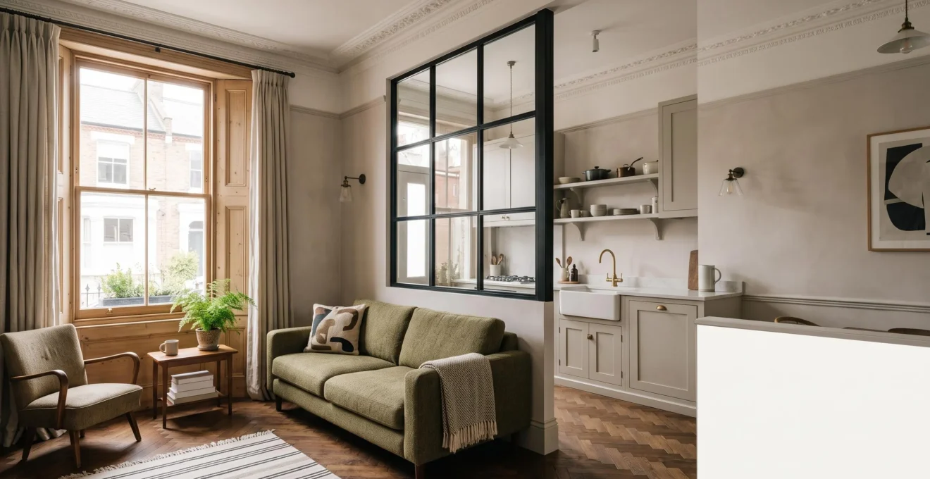 Bright reconfigured living space inside a British period home showing a zoned, light-filled layout