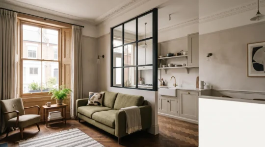 Bright reconfigured living space inside a British period home showing a zoned, light-filled layout