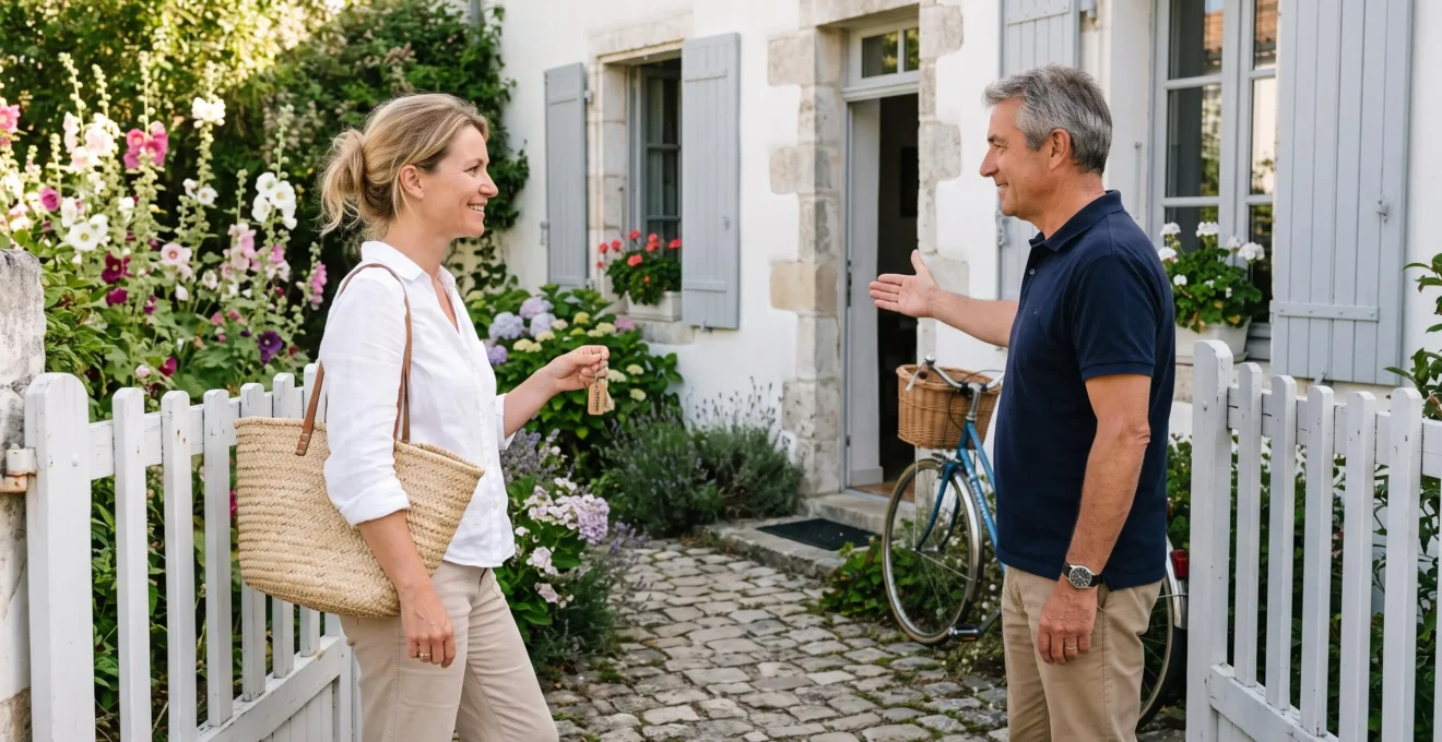 A concierge host welcomes a woman holding keys at the gate of a whitewashed villa on the Île de Ré.