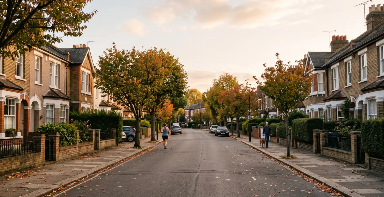A quiet residential street lined with well-maintained houses and mature trees, symbolizing a neighbourhood resilient to property market downturns.