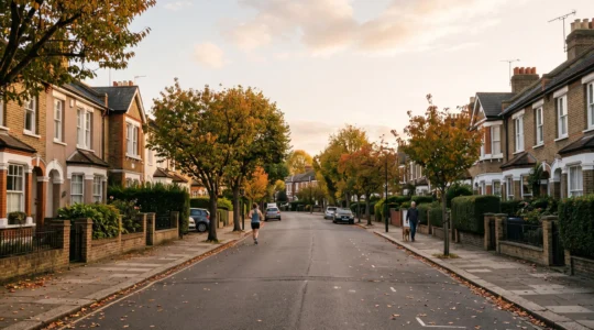A quiet residential street lined with well-maintained houses and mature trees, symbolizing a neighbourhood resilient to property market downturns.