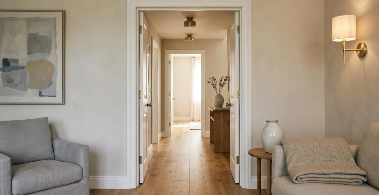 A softly lit open doorway revealing two adjoining rooms with matching wood tones and a continuous rug, symbolising visual harmony in home design