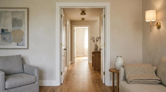 A softly lit open doorway revealing two adjoining rooms with matching wood tones and a continuous rug, symbolising visual harmony in home design