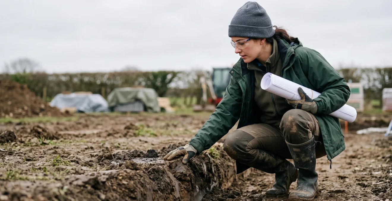 Wide editorial photograph of a UK self-build plot during early groundwork with a foundation trench and site engineer inspecting the ground