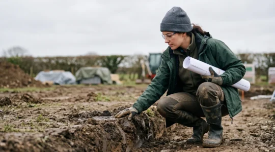 Wide editorial photograph of a UK self-build plot during early groundwork with a foundation trench and site engineer inspecting the ground