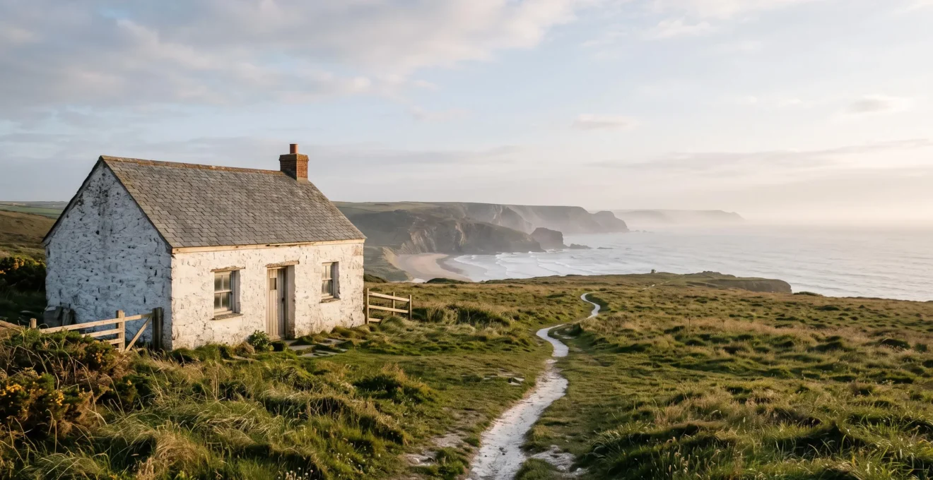 Editorial wide shot of a traditional UK coastal cottage overlooking the sea at golden hour