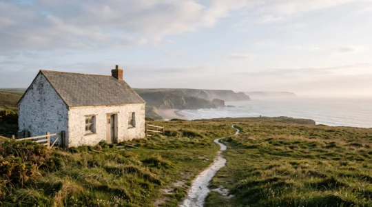 Editorial wide shot of a traditional UK coastal cottage overlooking the sea at golden hour