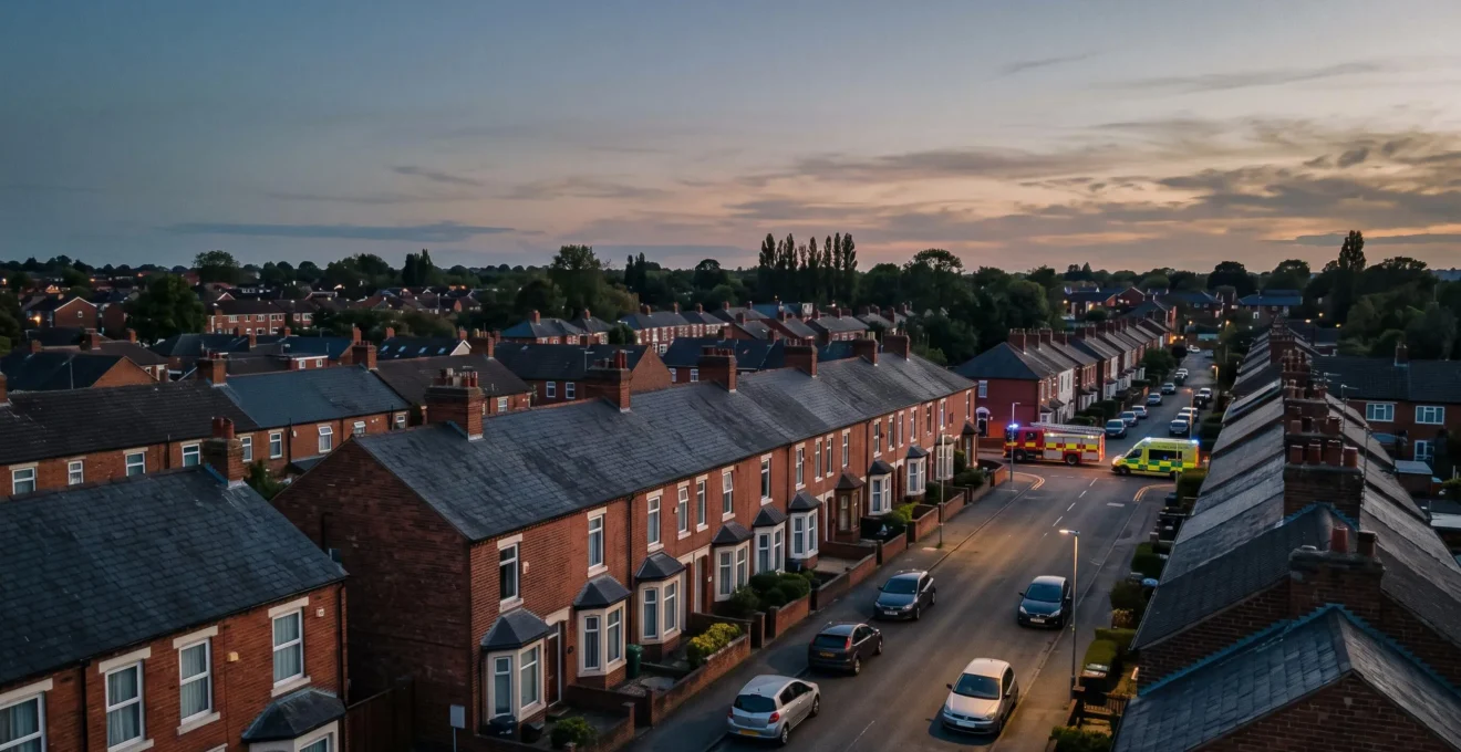 Aerial view of a UK residential street with a distant ambulance and fire engine responding, illustrating proximity to emergency services