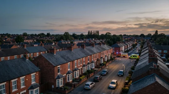 Aerial view of a UK residential street with a distant ambulance and fire engine responding, illustrating proximity to emergency services