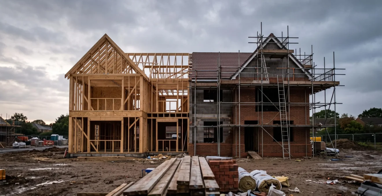 A part-built UK house showing exposed timber frame structure on one side and traditional brick and block on the other, set against a moody British sky.