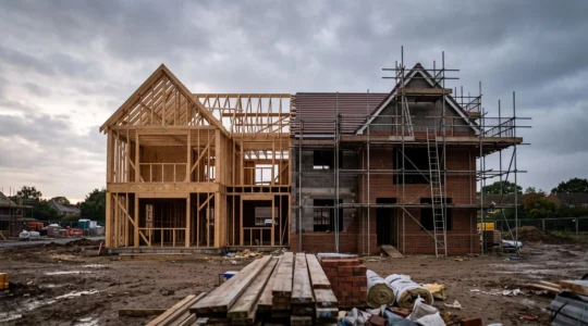 A part-built UK house showing exposed timber frame structure on one side and traditional brick and block on the other, set against a moody British sky.