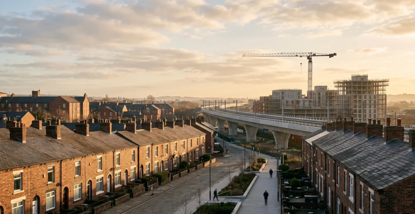 Aerial view of a British town where new rail infrastructure meets historic terraced housing, symbolizing emerging property investment growth