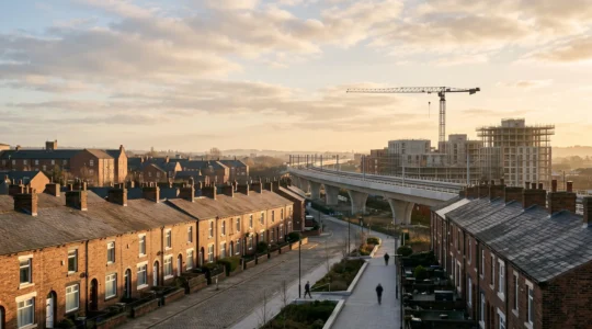 Aerial view of a British town where new rail infrastructure meets historic terraced housing, symbolizing emerging property investment growth