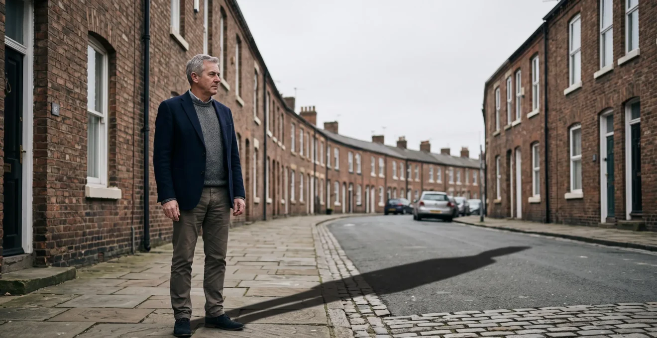 A UK landlord standing thoughtfully before a row of traditional brick terraced houses, symbolizing the hidden legal liabilities of property ownership.