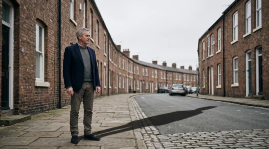 A UK landlord standing thoughtfully before a row of traditional brick terraced houses, symbolizing the hidden legal liabilities of property ownership.
