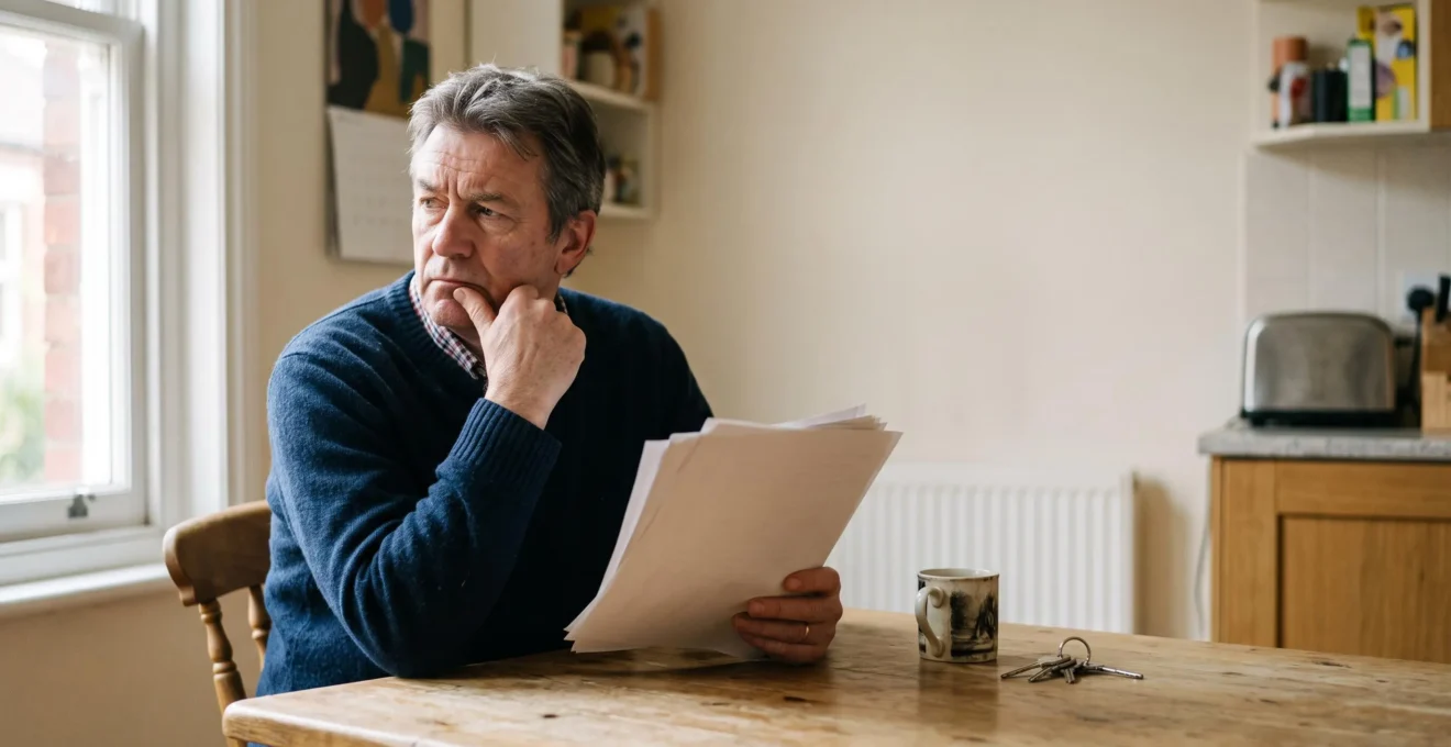 A landlord sitting at a table reviewing rental paperwork with a concerned expression, symbolizing the legal risks of property letting.