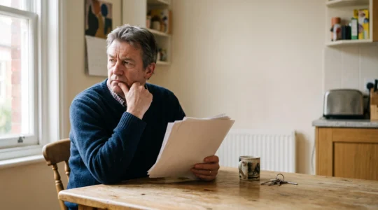 A landlord sitting at a table reviewing rental paperwork with a concerned expression, symbolizing the legal risks of property letting.