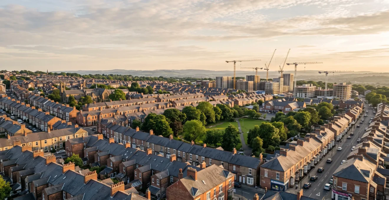 Aerial view of a mixed UK townscape showing terraced houses, new-build flats, and green space, symbolizing long-term property value growth