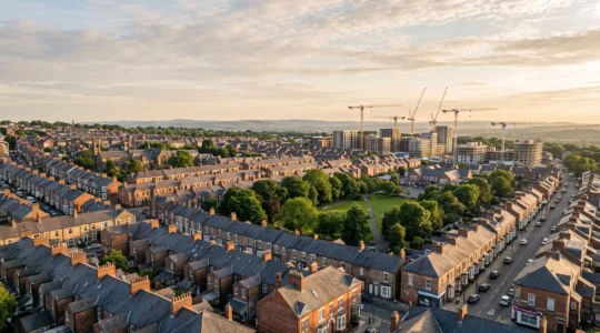 Aerial view of a mixed UK townscape showing terraced houses, new-build flats, and green space, symbolizing long-term property value growth