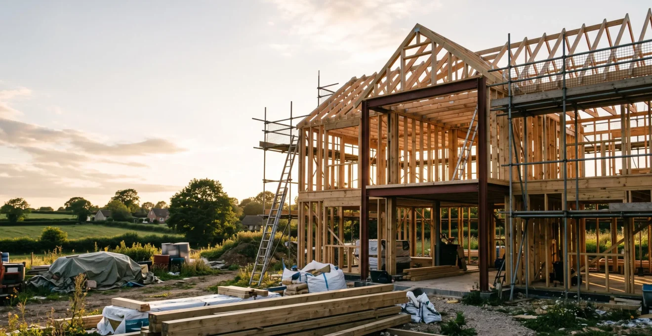 Wide editorial photograph of a UK self-build house under construction, showing exposed timber and steel structural framing against a soft evening sky