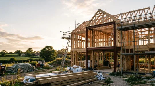 Wide editorial photograph of a UK self-build house under construction, showing exposed timber and steel structural framing against a soft evening sky