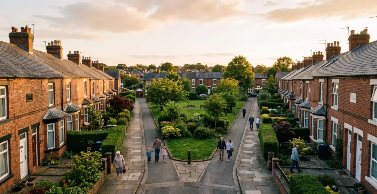 Aerial view of a British residential street where pathways converge toward a shared green space, symbolizing neighbourhood connection