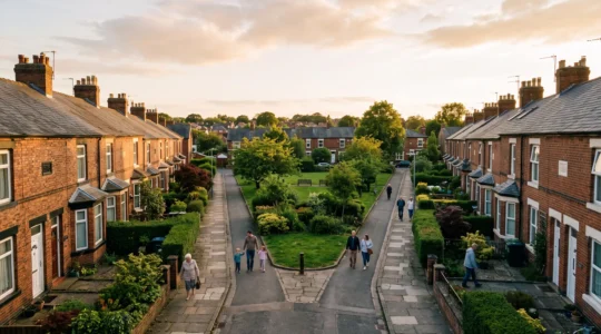 Aerial view of a British residential street where pathways converge toward a shared green space, symbolizing neighbourhood connection