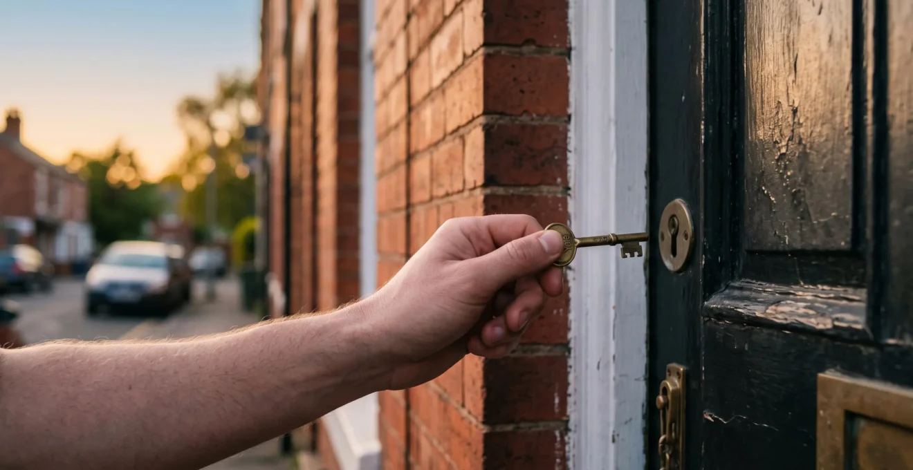 A tenant's hand holding a house key in front of a softly lit UK terraced-house front door, symbolizing legal rights and home security