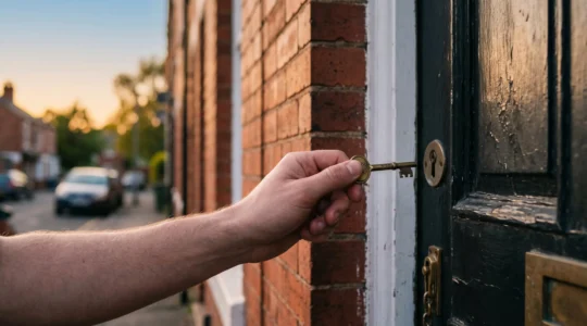 A tenant's hand holding a house key in front of a softly lit UK terraced-house front door, symbolizing legal rights and home security