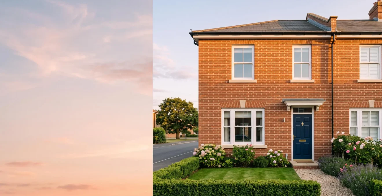 Golden hour exterior view of a classic UK brick terraced house symbolising property value and home improvement