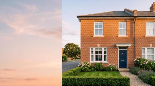 Golden hour exterior view of a classic UK brick terraced house symbolising property value and home improvement